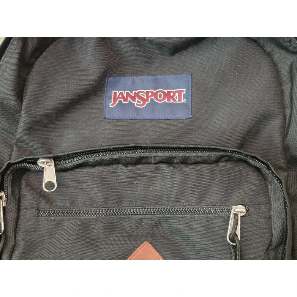 JanSport City View Backpack Black Laptop Pocket Faux Leather Bottom Adjustable